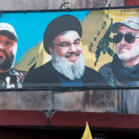 A portrait of Hizballah leader Hassan Nasrallah seen in Beirut on 21 September. The leader of the Lebanese resistance group was assassinated by Israel in a massive airstrike on Beirut’s southern suburb on Friday, 27 September. OLA NEWS/SIPA/Newscom